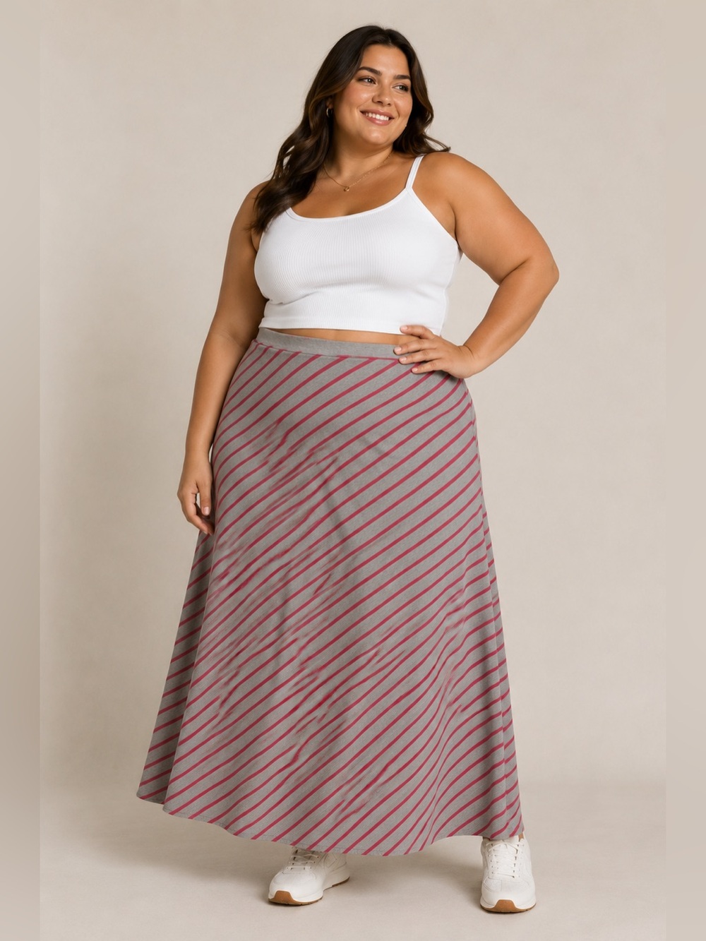 Faded Glory Striped Maxi Skirt Size 1X Gray Pink Stretch Pull On A-Line
